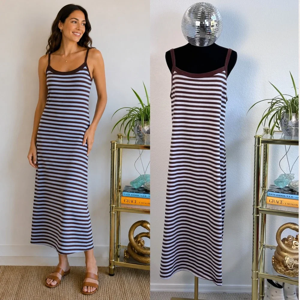 Vintage Dresses | Vintage 90s Striped Cami Maxi Dress, Brown Blue Size Xl | Made In Usa, Preppy | Color: Blue/Brown | Size: Xl | Brittemme's Closet